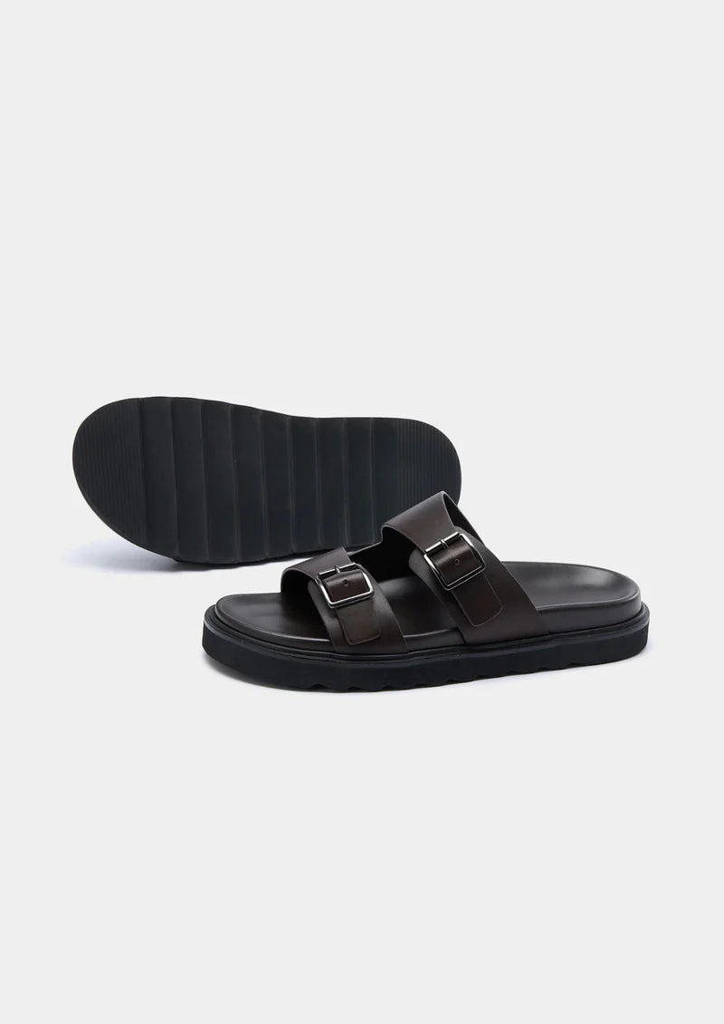 RESORT SANDALEN MET DUBBELE GESP - Donkerbruin