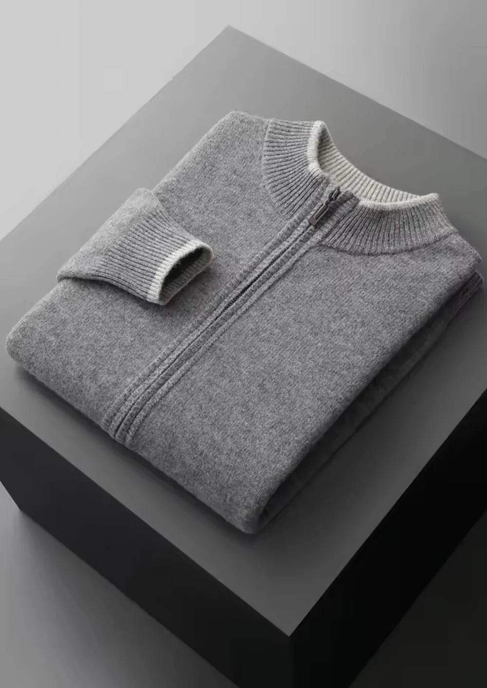 CARDIGAN ZIPPÉ BICOLORE EN PURE LAINE MÉRINOS EXTRA-FINE
