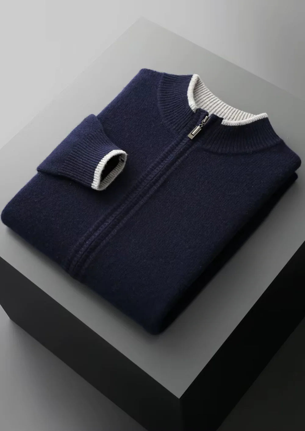 CARDIGAN ZIPPÉ BICOLORE EN PURE LAINE MÉRINOS EXTRA-FINE
