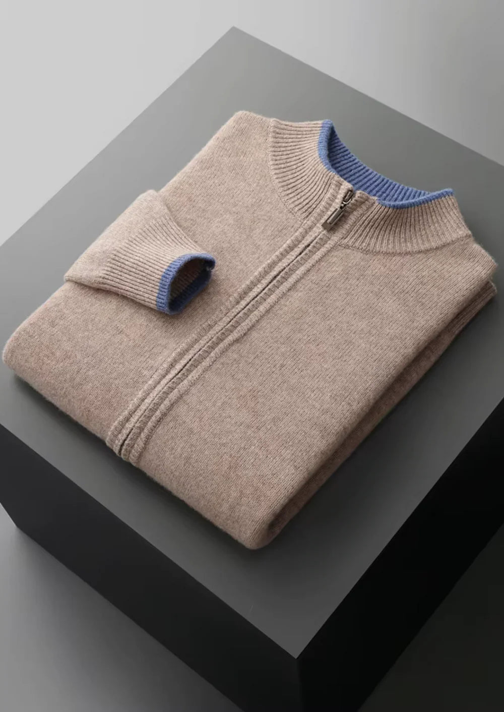 CARDIGAN ZIPPÉ BICOLORE EN PURE LAINE MÉRINOS EXTRA-FINE