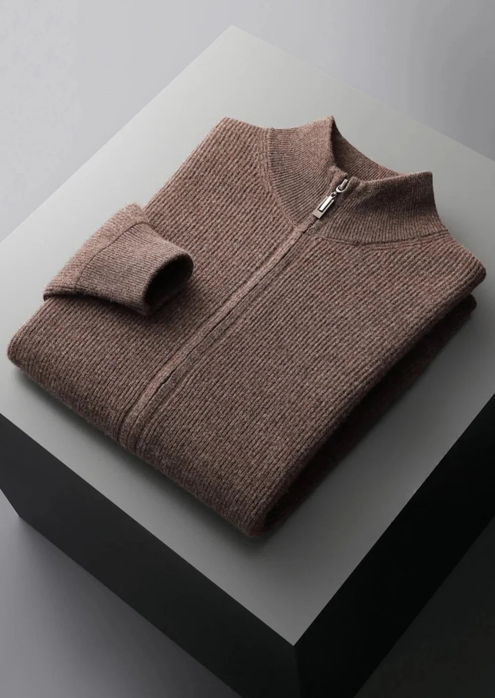 PURE EXTRA-FINE MERINO WOOL RIBBED ZIP CARDIGAN