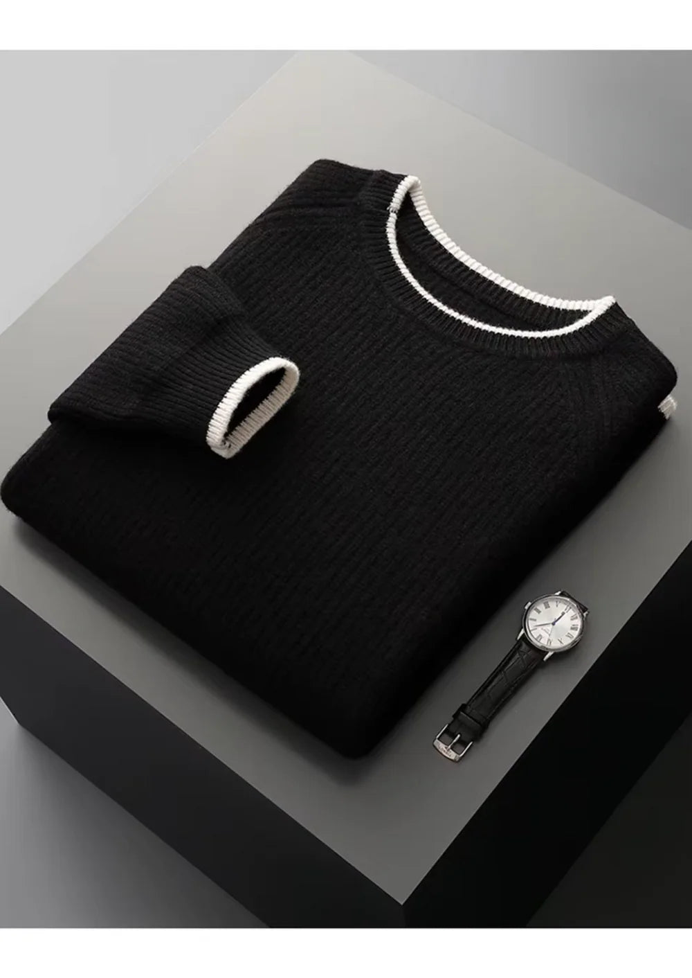 PURE EXTRA-FINE MERINO WOOL TWO TONE CREWNECK