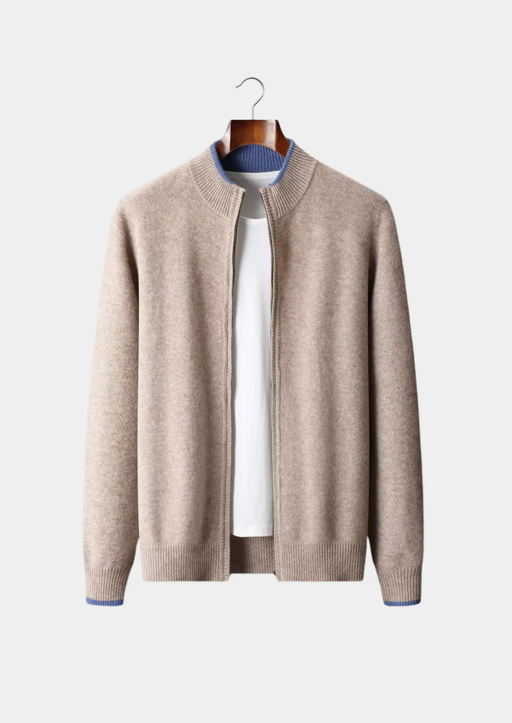 CARDIGAN ZIPPÉ BICOLORE EN PURE LAINE MÉRINOS EXTRA-FINE