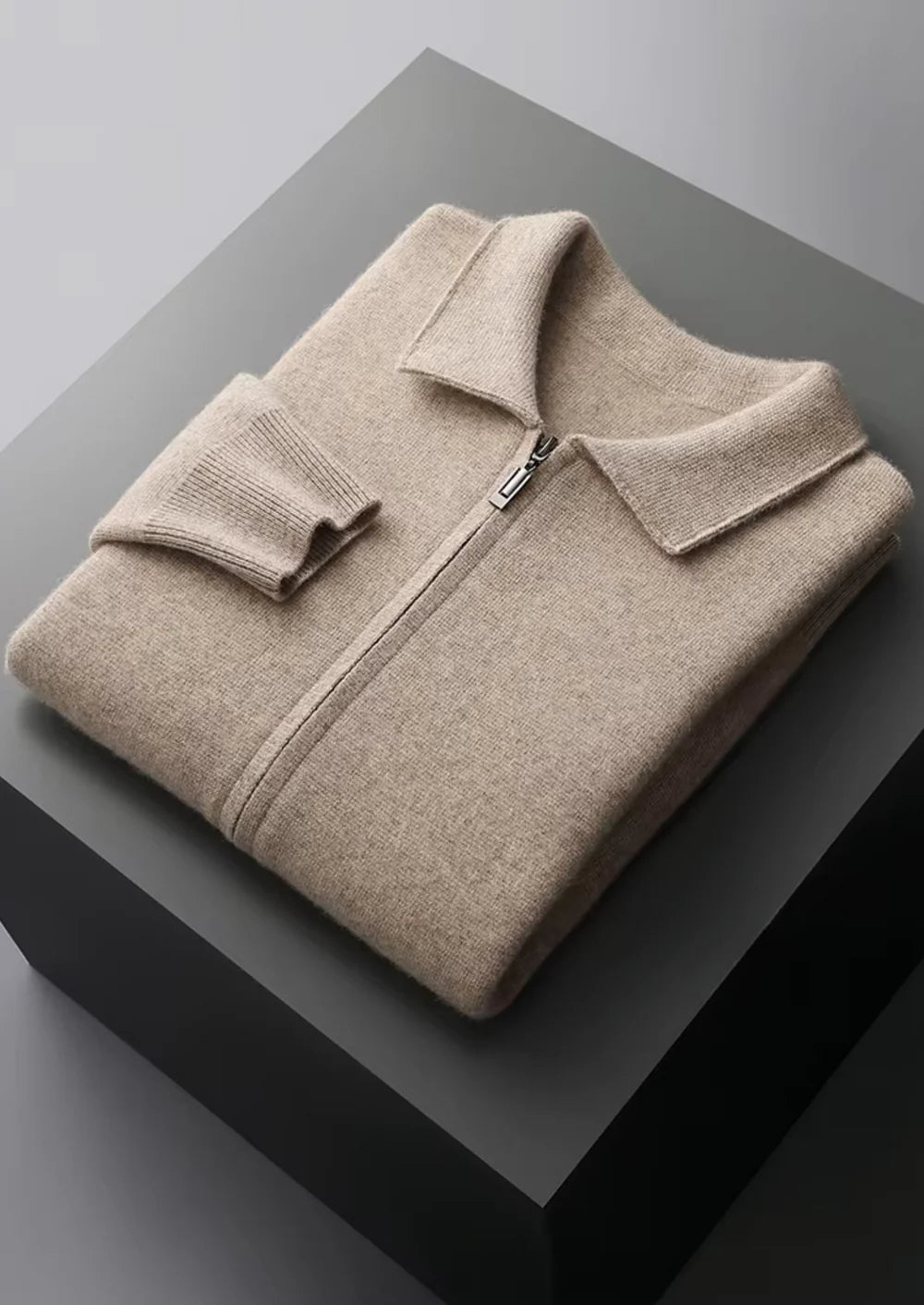 PURE EXTRA-FINE MERINO WOOL ZIP POLO CARDIGAN