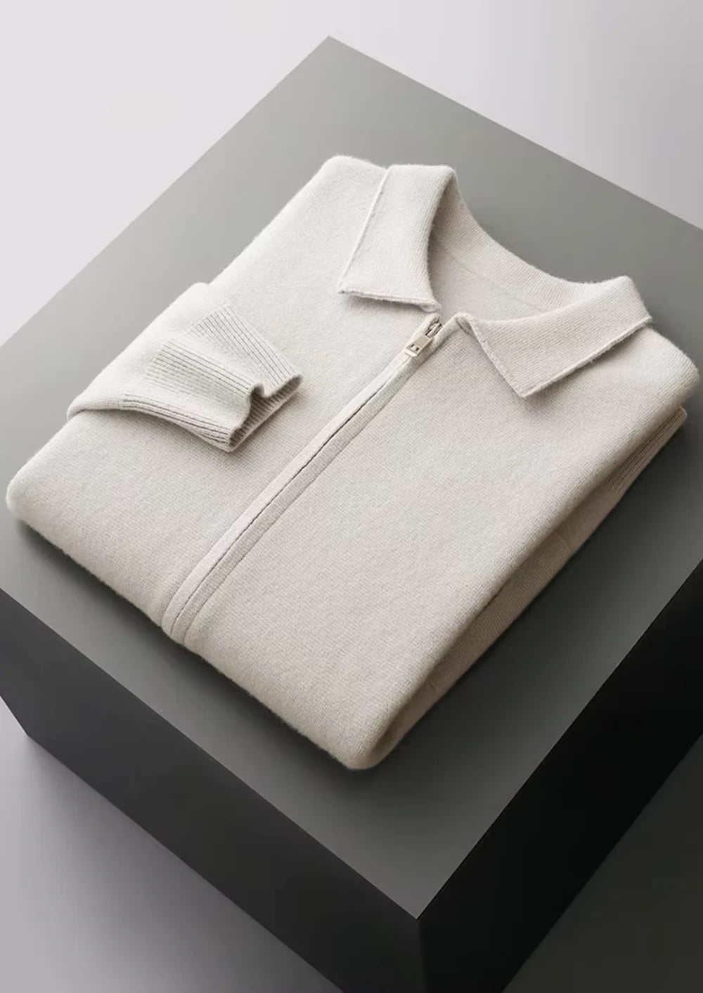 PURE EXTRA-FINE MERINO WOOL ZIP POLO CARDIGAN